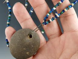 Blues, greens and white seed bead necklace with stone pendant found in New Jersey.