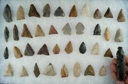 Large group of approximately 38 assorted arrowheads from various locations. Largest is 2 7/8".