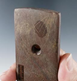 3 7/8" Engraved Keyhole Pendant made from red and black Banded Slate, found in Medina Co., Ohio.