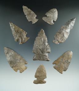 Set of eight assorted Onondaga Flint points found in New York.   Ex. Howdy Lang. largest is 2 3/4".