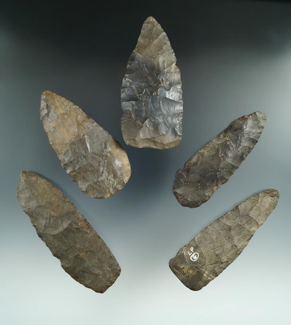 Set of five Flint blades found in New York, largest is 4 5/16".