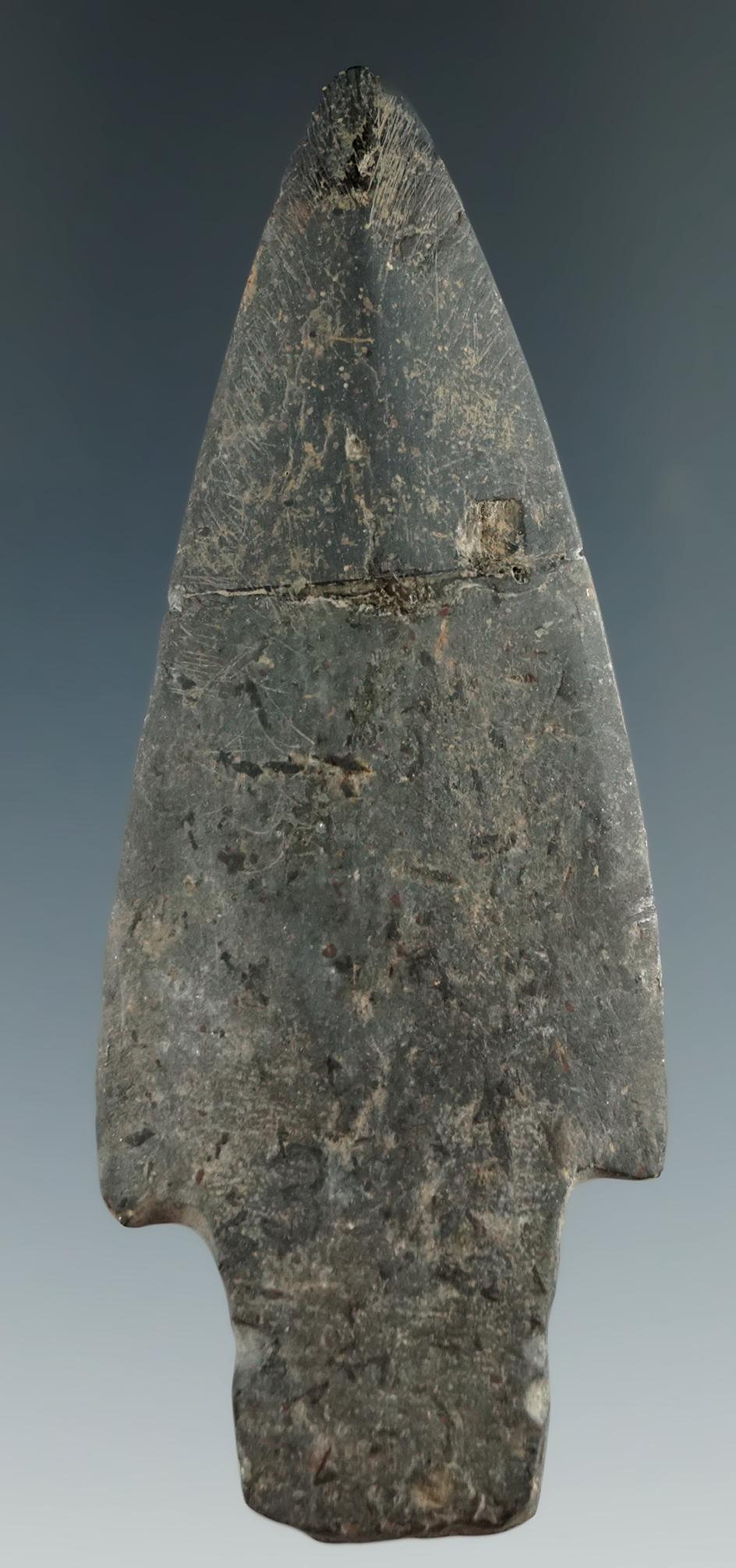 3 5/16" Well polished slate spear - Jefferson Co., New York. Broken and glued at the midsection.