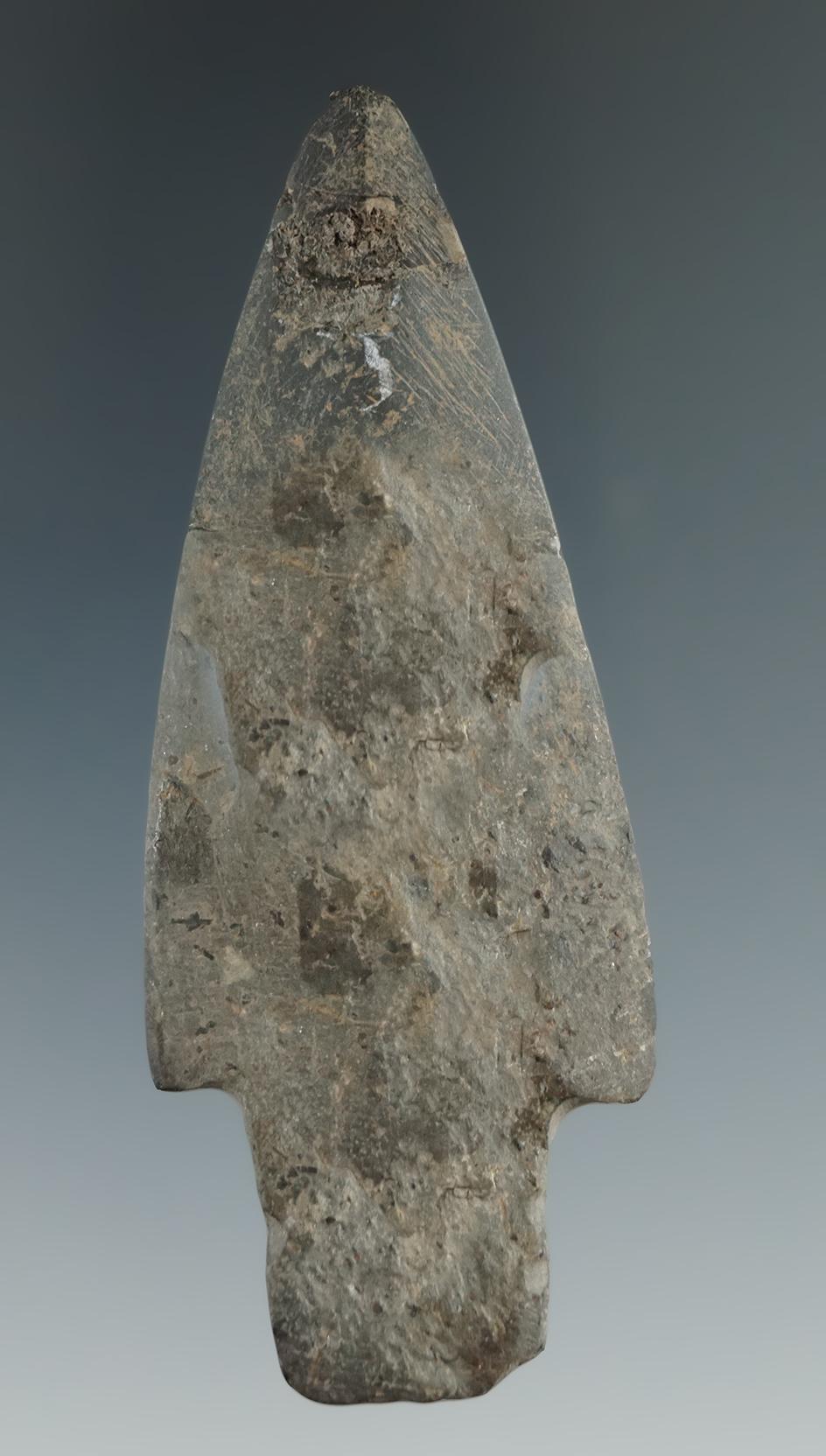 3 5/16" Well polished slate spear - Jefferson Co., New York. Broken and glued at the midsection.