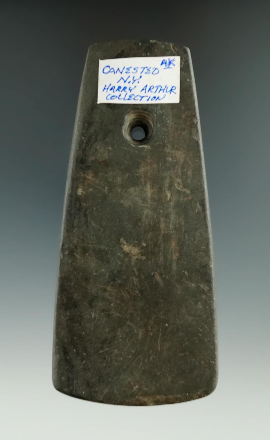 4 1/2" banded slate Trapezoidal Pendant found in Canesteo, New York.   Ex. Harry Arthur.