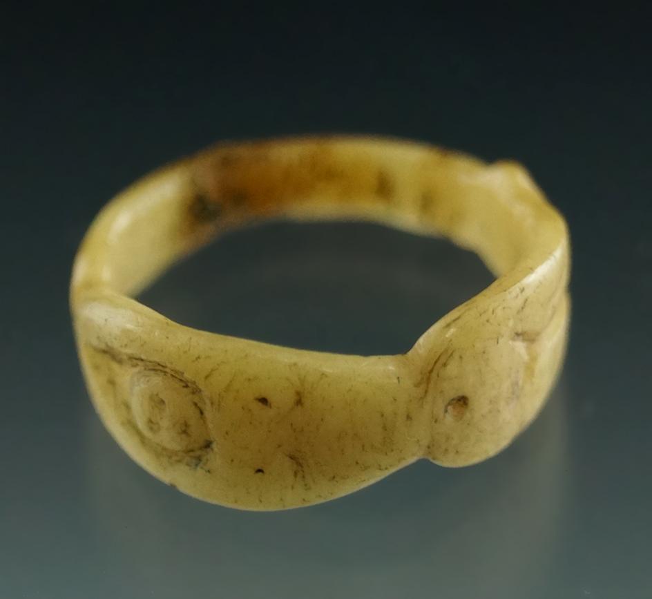 Beautifully crafted female figure motiff carved bone ring found in New York.