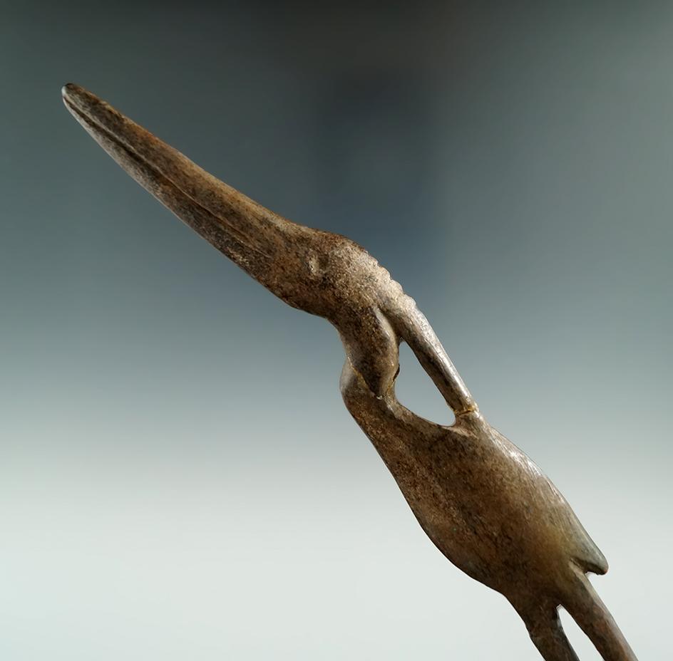 Exceptional! 7 1/8" long bird effigy bone hairpin found in New York that is glued tight in 3 places.