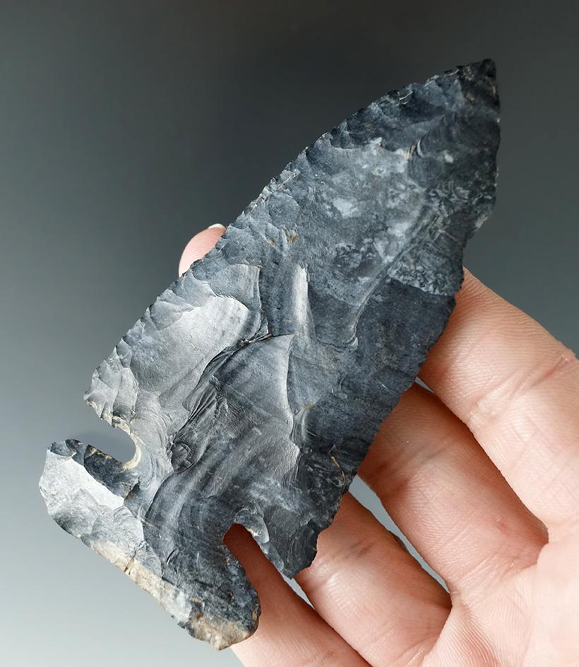 3 7/8" Coshocton Flint Archaic Sidenotch found in Licking Co., Ohio. Ex. Stanley Copeland.