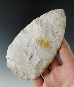 Well flaked 4 3/4" Flint Ridge Flint Archaic Blade with heavy mineral deposits on surface, Ohio.