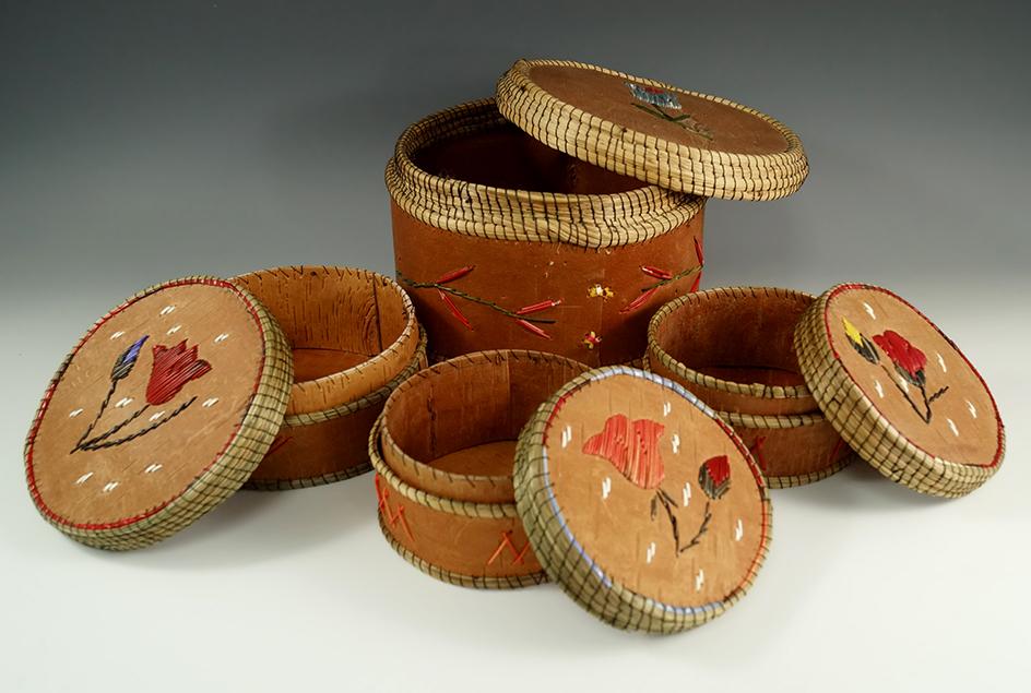 Set of four Birch bark lided Baskets with nice quill work. Largest is 6 1/2" diameter x 5" tall.
