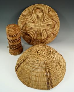 Set of three assorted woven items including a 9" diameter Yurok Indian Basket.