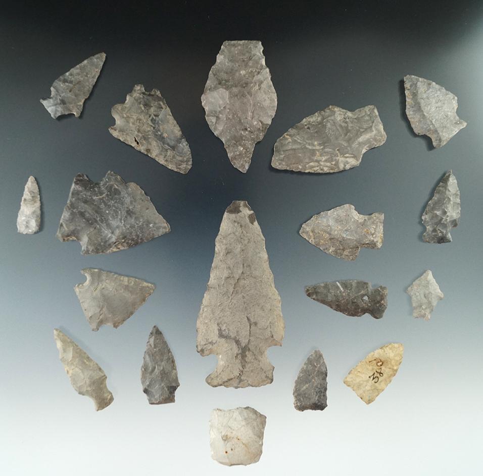 Group of 18 assorted flaked points and knives found near the Upper Susquehanna, Otsego County NY