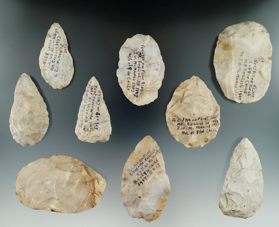 Cache of nine Flint Ridge Flint Blades found in 1910 by M. R. English given to J. W. McManus in 2003