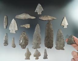 Group of 17 assorted flaked points and knives found near the upper Susquehanna, Otsego County NT