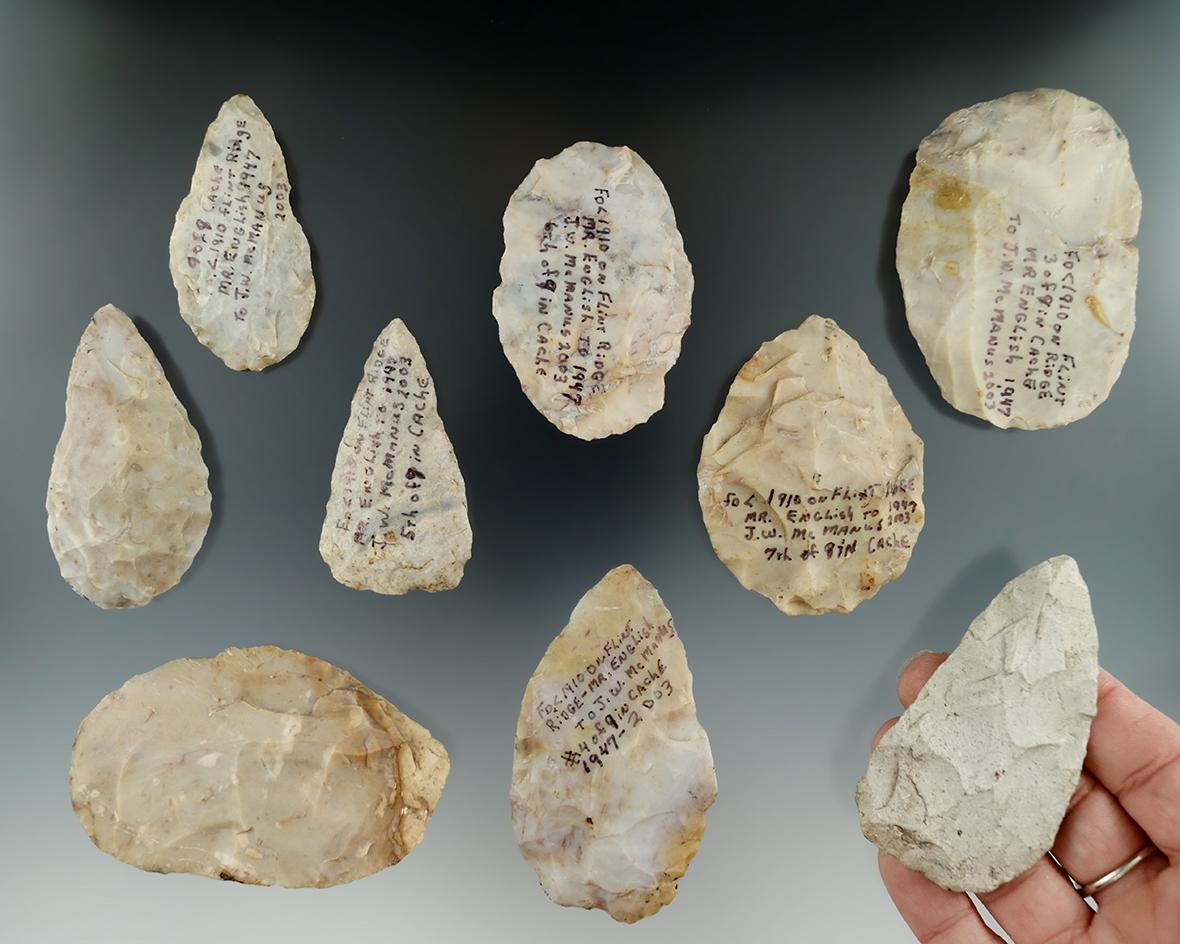 Cache of nine Flint Ridge Flint Blades found in 1910 by M. R. English given to J. W. McManus in 2003