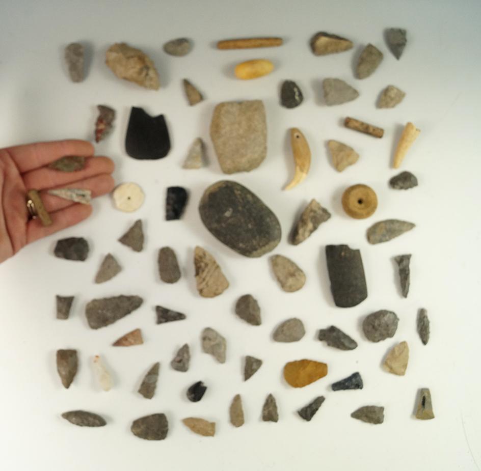Group of assorted artifacts found at the Reeves site in Lake Co.,  Ohio by Greg LaForme.