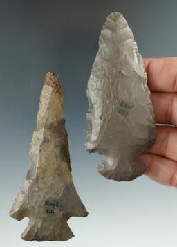 Pair of Flint Knives found in Illinois including a Dovetail and an Archaic Bevel. Largest is 3 9/16"