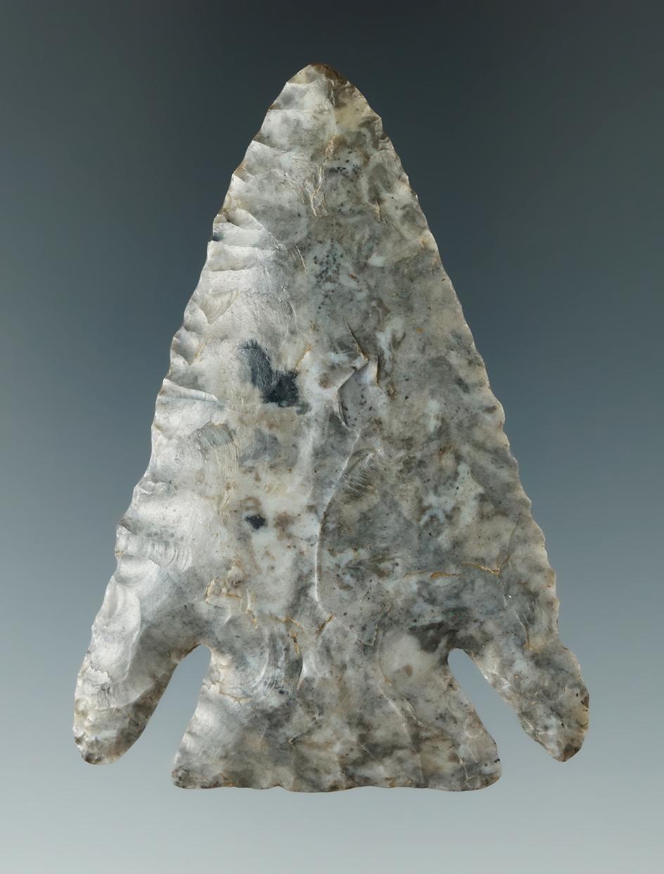 2 7/8" classic Archaic Diagonal Notch Point made from Coshocton Flint. Found in Shelby, Ohio.