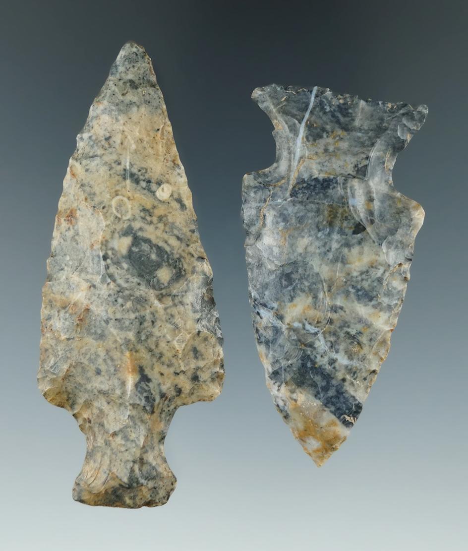 Pair of extremely colorful Coshocton Flint Points, both found in Hocking Co., Ohio.