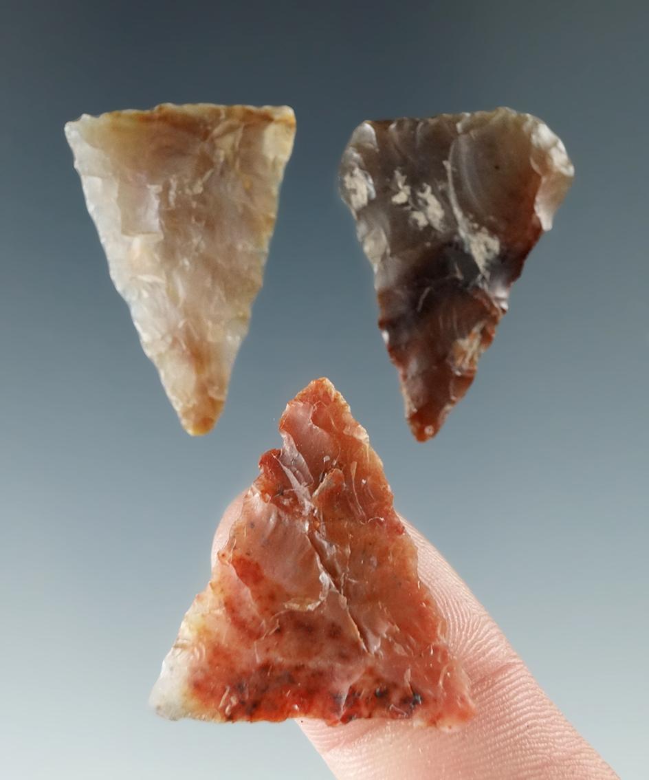 Set of three triangular arrowheads made from nice materials found near the Columbia River.