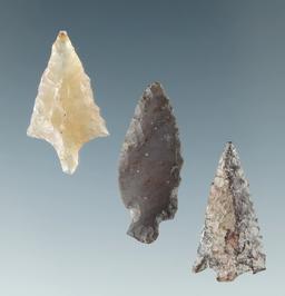 Set of three Columbia River arrowheads, largest is 7/8".