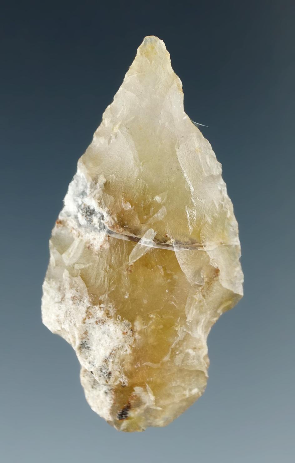 1 1/2" agate stemmed dart point found near the Columbia River.