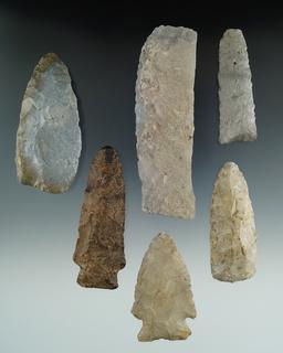 Set of six High Plains artifacts including a 4 3/16" sheet chalcedony Knife.