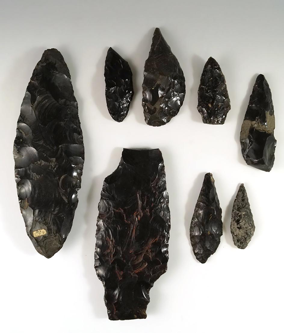 Set of 8 obsidian Toltec artifacts from Mexico including a large 8" Blade.