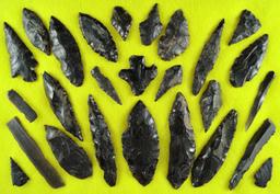 Group of 26 assorted Toltec  points, knives and tools made from obsidian found in Mexico.