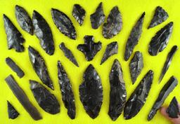 Group of 26 assorted Toltec  points, knives and tools made from obsidian found in Mexico.