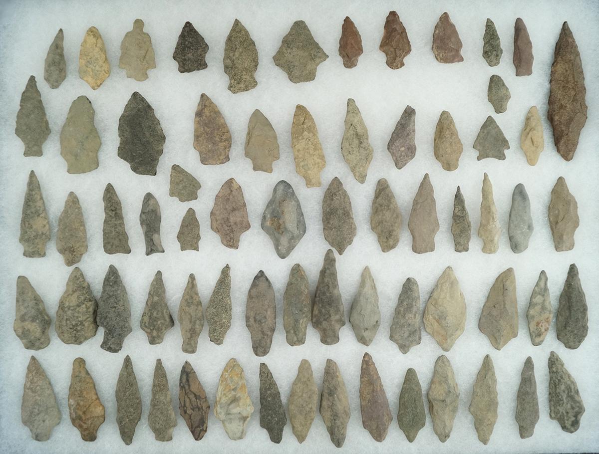 Large group of approximately 69 New Jersey arrowheads, largest is 2 1/2".