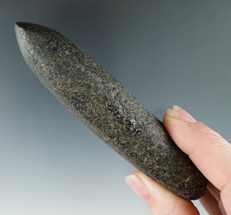 4 1/8" Hardstone Celt that is nicely polished, found in Ohio. Ex. Jim Hovan, H973.