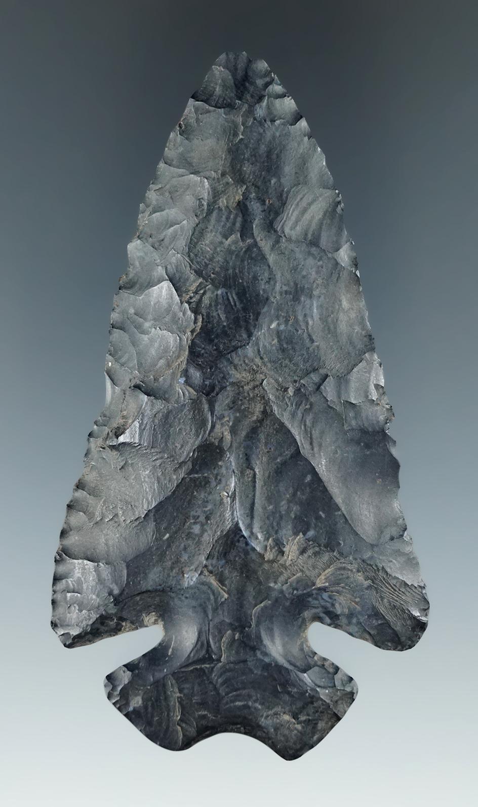 3 7/16" Archaic Thebes made from Coshocton Flint, found in Wayne Co., Ohio. Bennett COA.