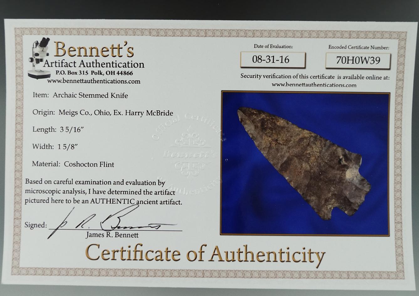 3 5/16" Archaic Stemmed Knife found in Meigs Co., Ohio. Ex. Harry McBride. Bennett COA.