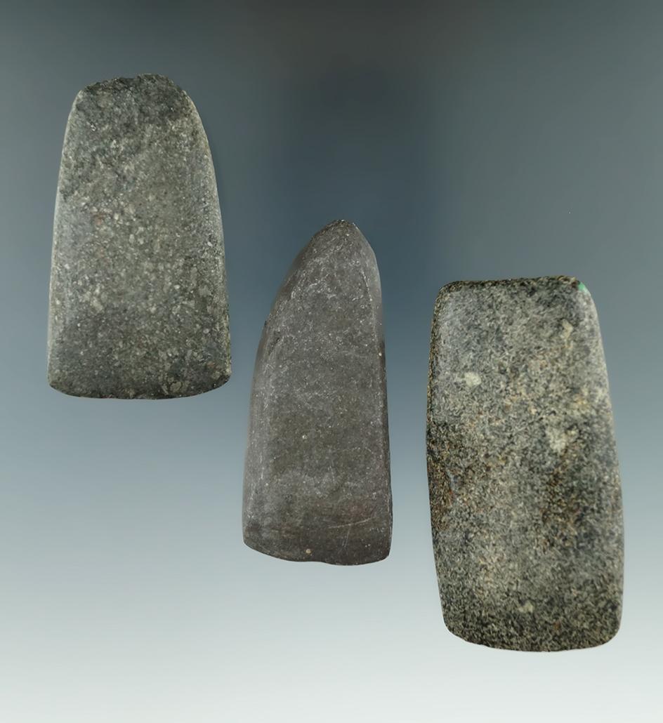 Set of three well polished nicely styled Hardstone Celts found Michigan, largest is 2 3/4".