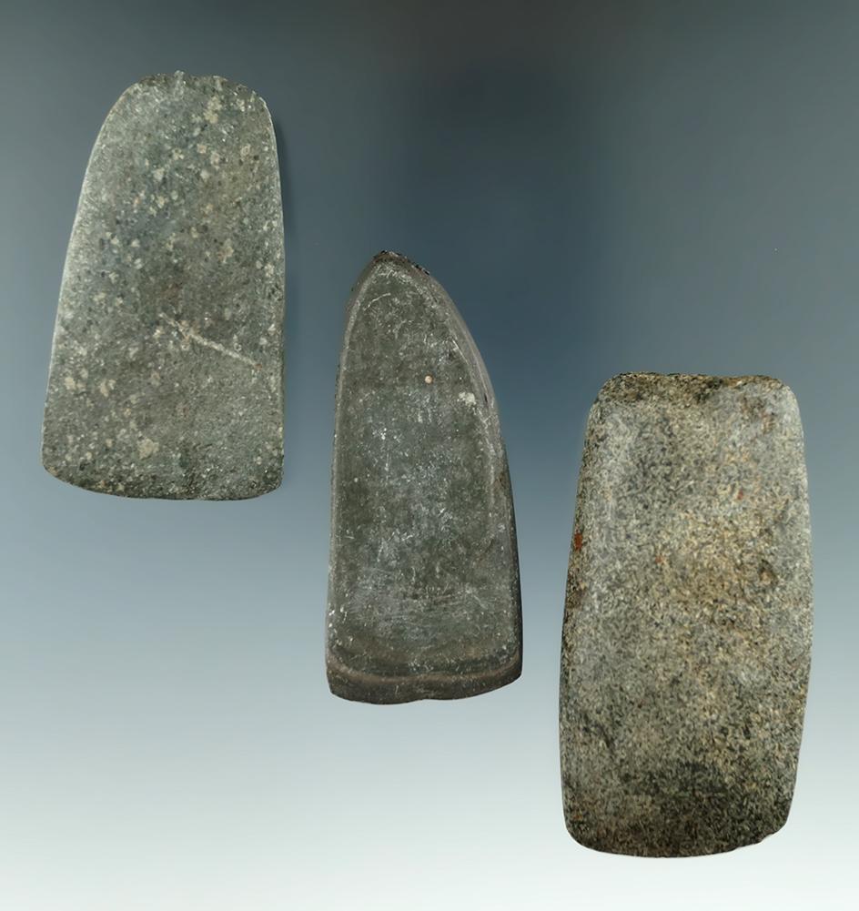 Set of three well polished nicely styled Hardstone Celts found Michigan, largest is 2 3/4".