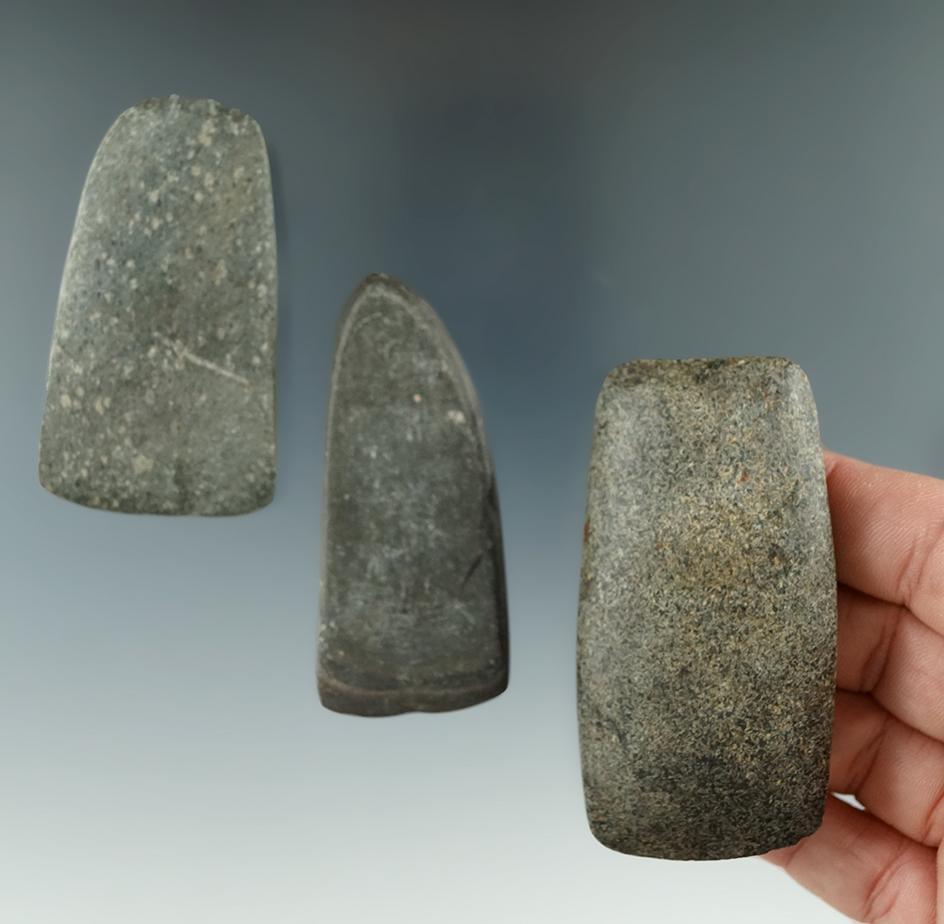 Set of three well polished nicely styled Hardstone Celts found Michigan, largest is 2 3/4".