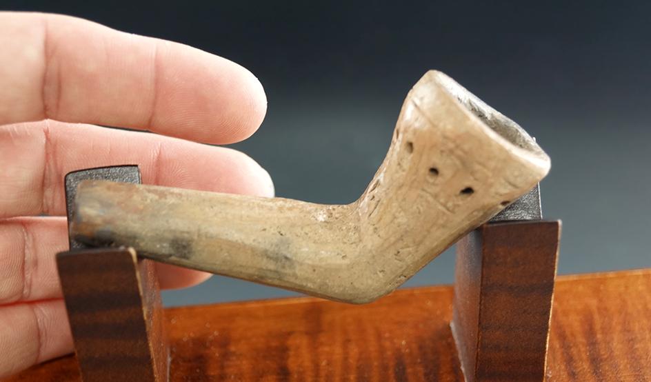 3 1/8" Ring Bowl Pipe found at the Joe Hamilton site, Simcoe Co., Ontario. Some restoration.