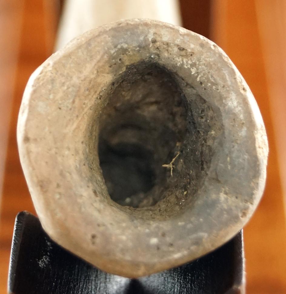 3 1/8" Ring Bowl Pipe found at the Joe Hamilton site, Simcoe Co., Ontario. Some restoration.