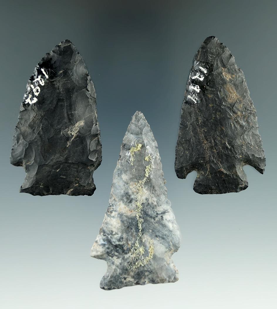 Set of three Cornernotch Coshocton Flint points found in Richland Co., Ohio found by Woods Gray.