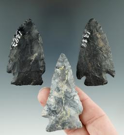 Set of three Cornernotch Coshocton Flint points found in Richland Co., Ohio found by Woods Gray.