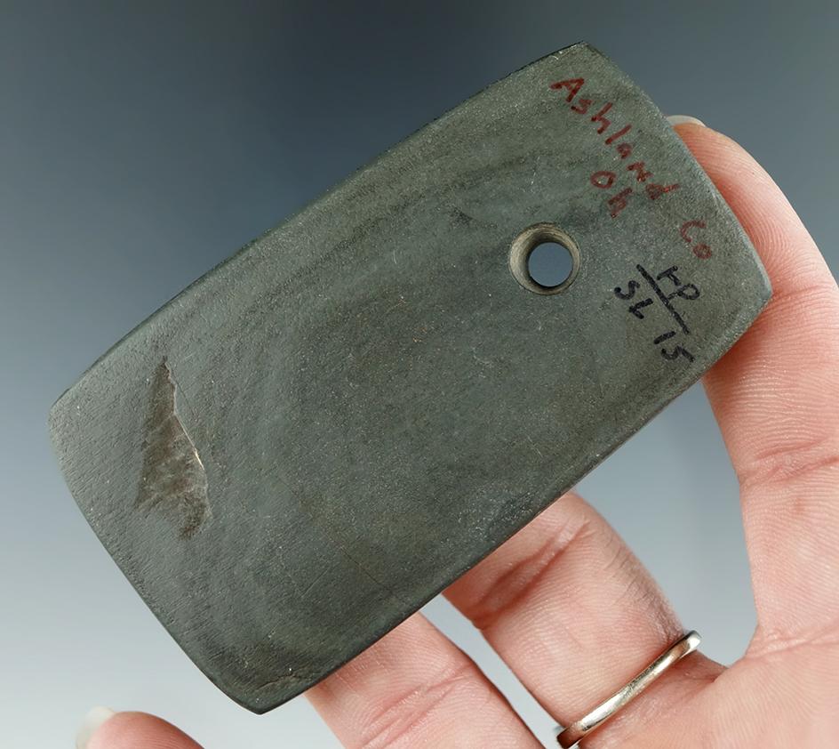 2 15/16" Trapezoidal Slate Pendant found in Ashland Co., Ohio.