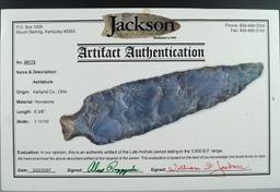 Large! 6 3/8" Ashtabula made from Hornstone found in Ashland Co., Ohio. Jackson COA.