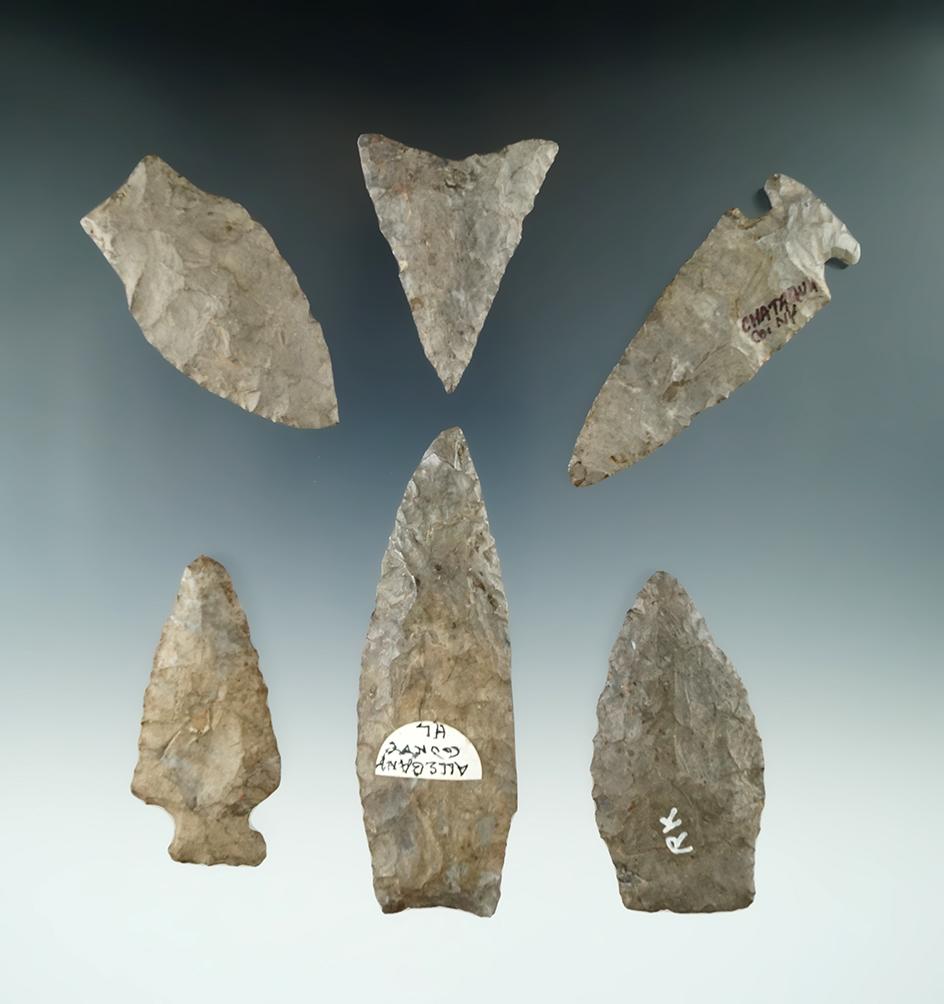 Set of six restored arrowheads found in New York, largest is 3 3/8".