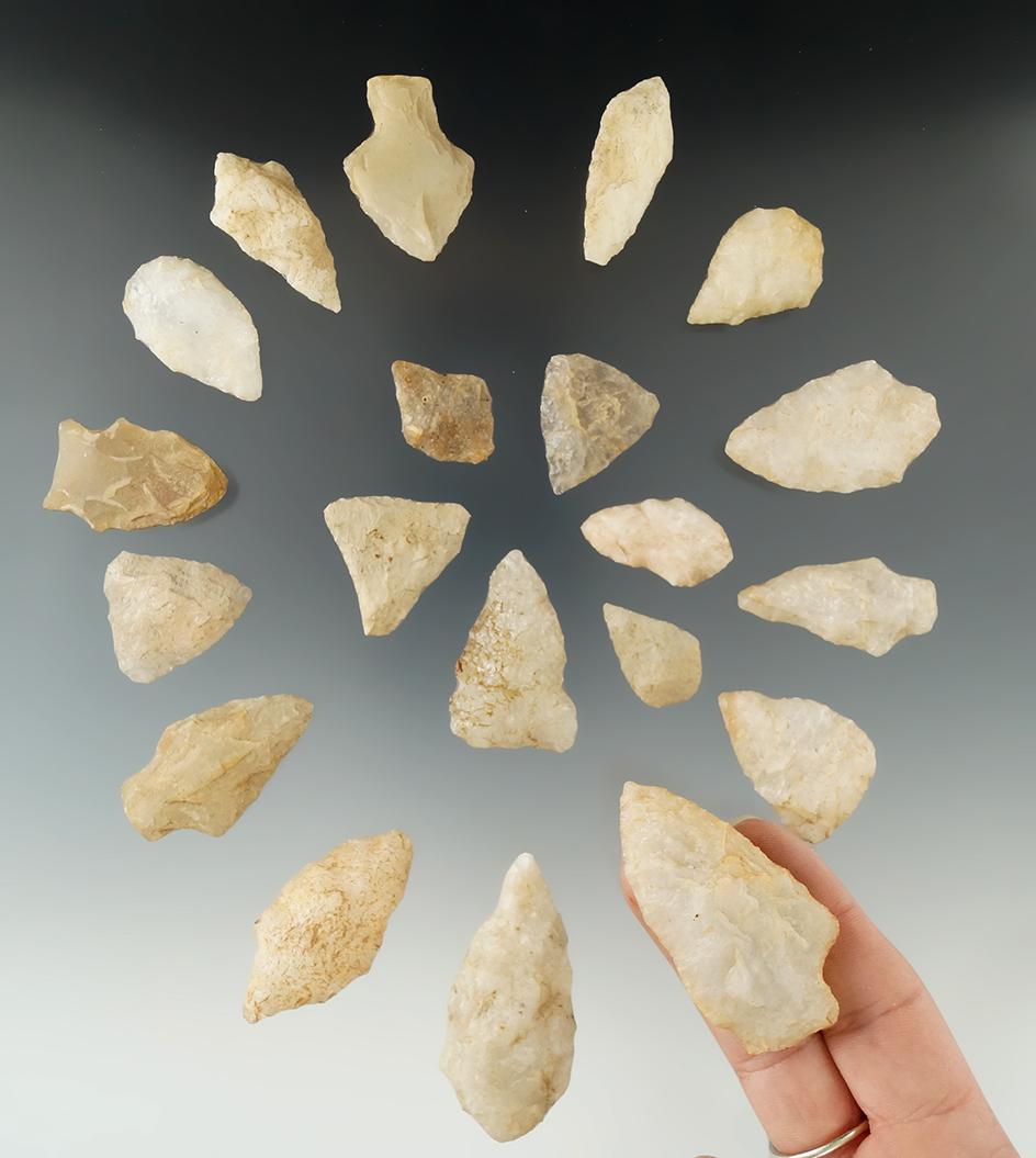 Group of 20 Quartz arrowheads found in New Jersey, largest is 2 3/16".