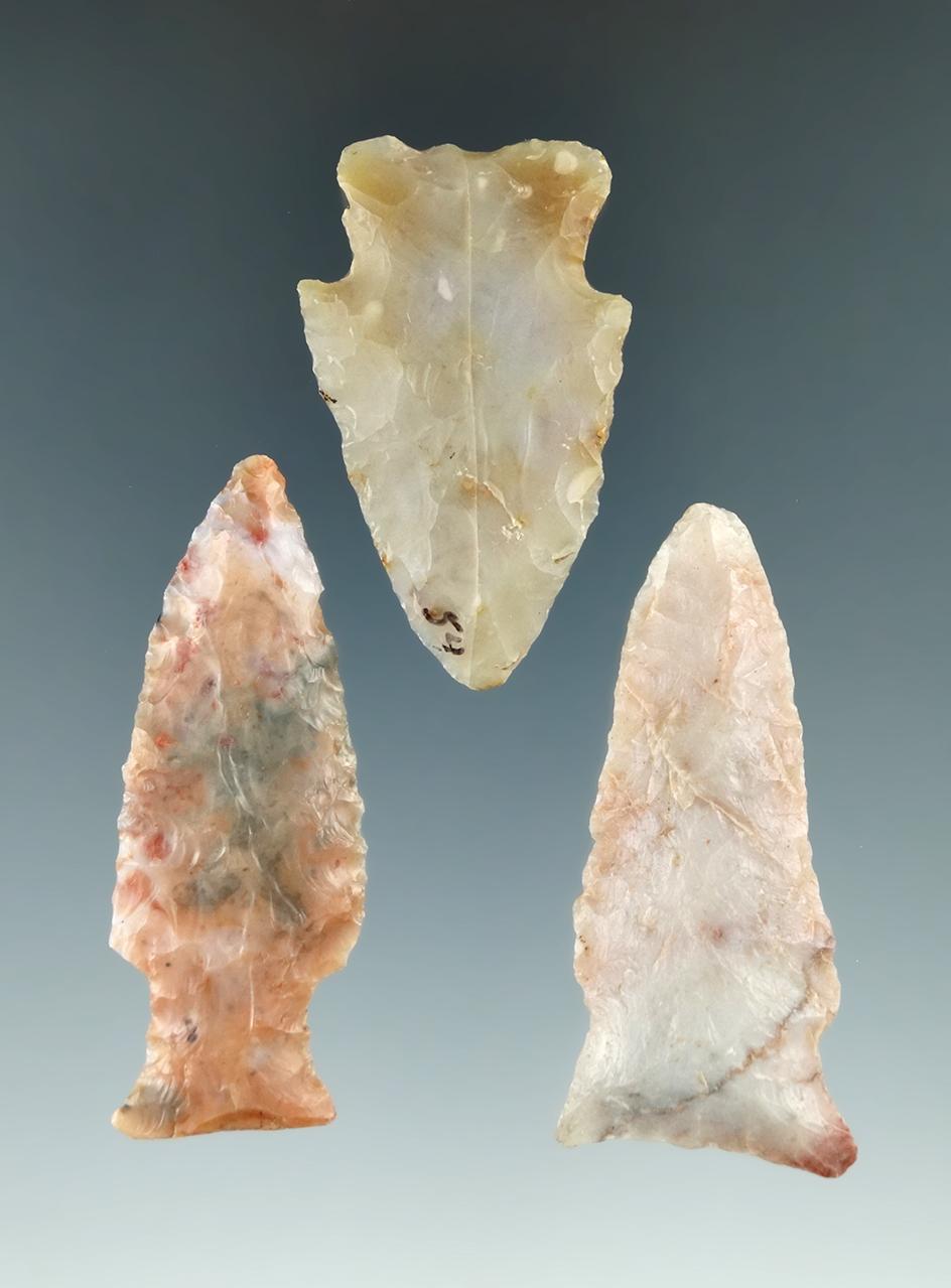 Set of three attractive Flint Ridge Flint Hopewell points found in Ohio, largest is 2 1/4".