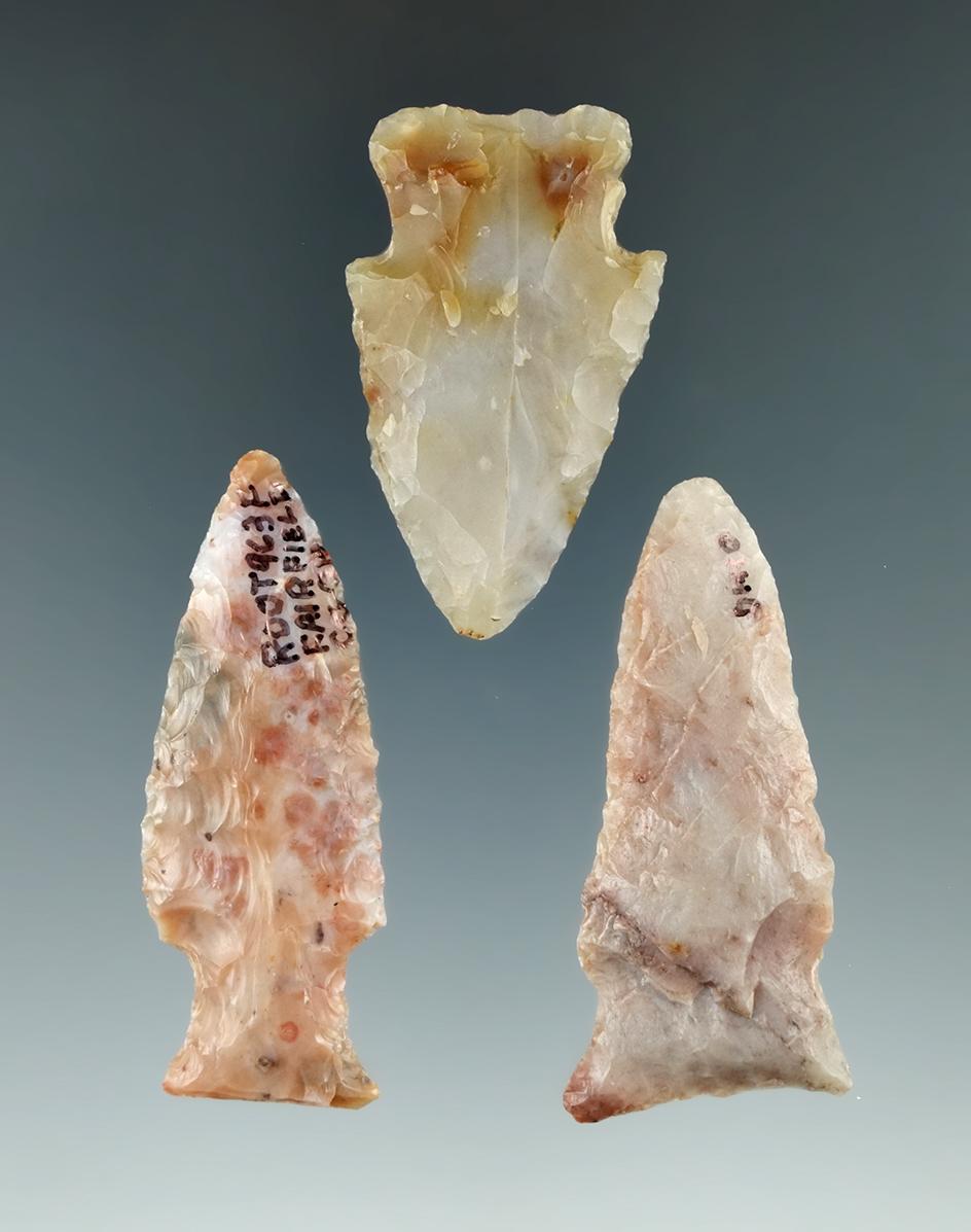 Set of three attractive Flint Ridge Flint Hopewell points found in Ohio, largest is 2 1/4".