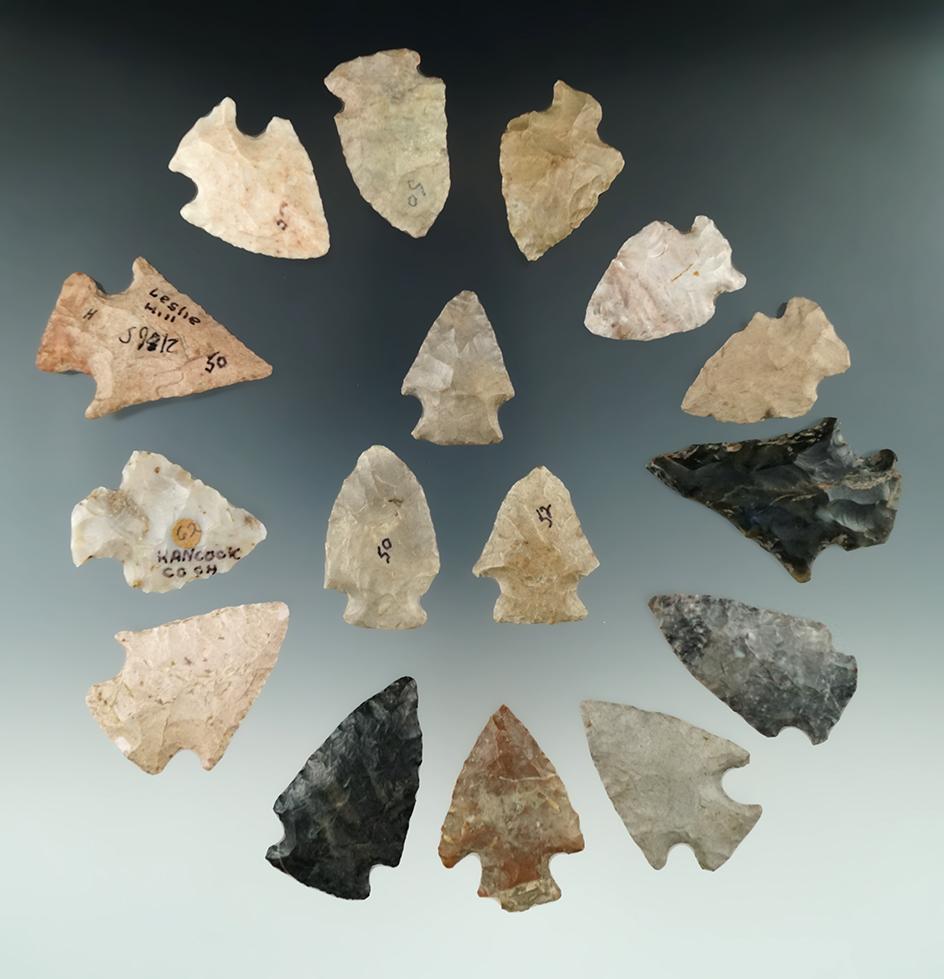 Group of 16 assorted arrowheads found in Ohio, largest is 2".