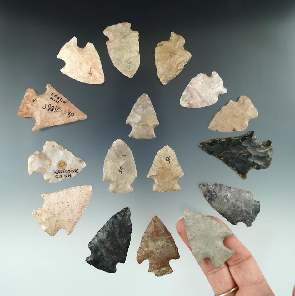 Group of 16 assorted arrowheads found in Ohio, largest is 2".