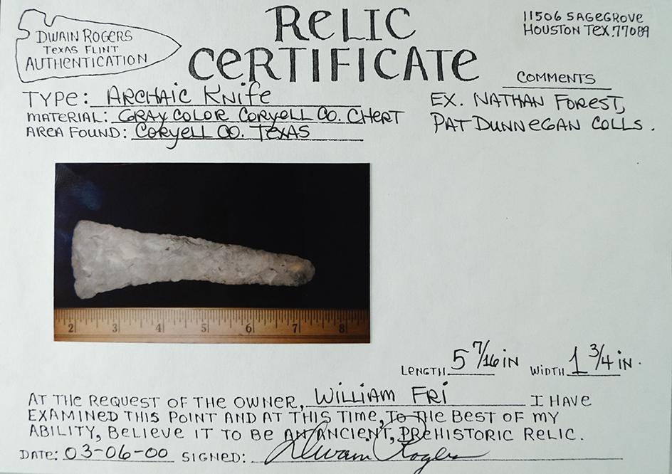 Large 5 7/16" Archaic Knife found in Coryell Co., Texas. Comes with a Rogers COA.