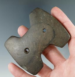 3" Hopewell Reel Gorget made from brown and black Banded Slate, found in Crawford Co., Ohio. Picture